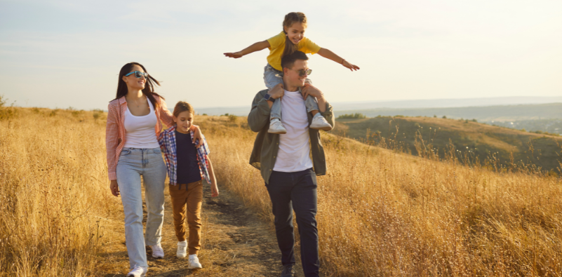Family wearing sunglasses while walking through the countryside