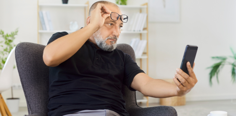 Man lifting his glasses while struggling to read his smartphone