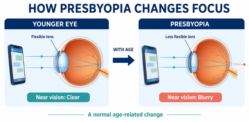 Diagram comparing clear near focus in a younger eye with blurred near vision caused by presbyopia.
